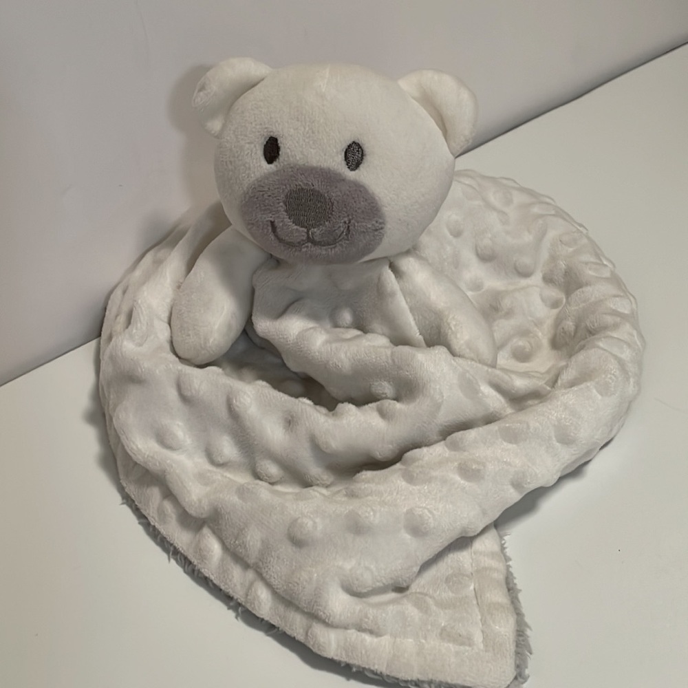 Little Beginnings Bear Lovie Security Blanket White Gray Minky Dot Baby Sherpa